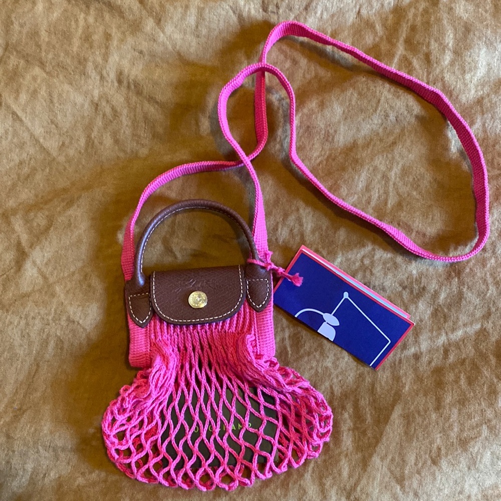 NWT Longchamp x Filt 1860 Le Pliage Filet XS Mesh Fishnet Leather Bag Pink